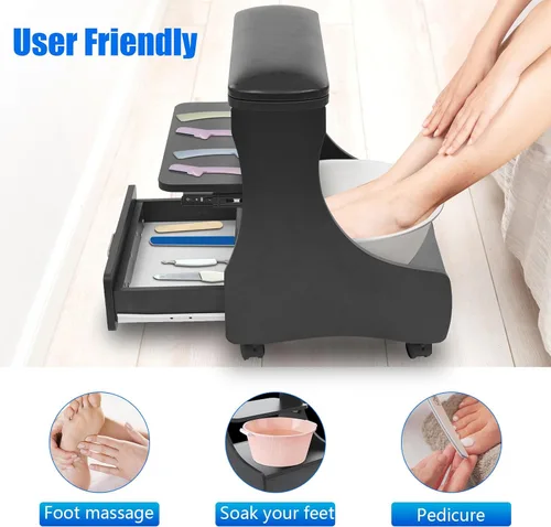 Vista 4 de Carrito de pedicura con 4 ruedas con frenos, carrito portátil de spa con cajón práctico, soporte de baño de pies de pedicura, reposapiés de pedicura