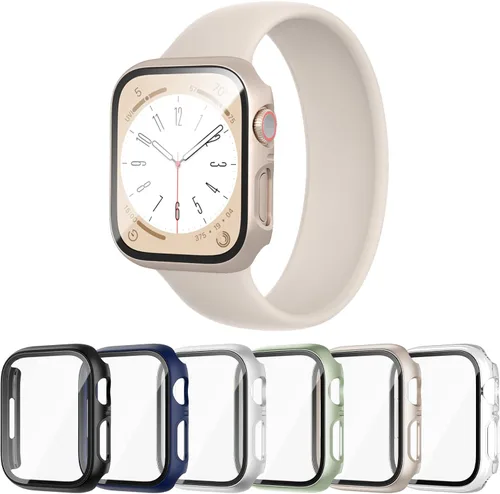 Vista 13 de Paquete de 6 fundas para Apple Watch Series 9, Series 8, Series 7 de 1.61 pulgadas, funda con protector de pantalla de vidrio templado incorporado