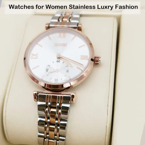 Vista 5 de SKMEI Watches for Women Ladies Female Stainless Dress Luxury Business Classic Fashion Analog Quartz Waterproof Simple Day Date Wife Girls Gifts Gold