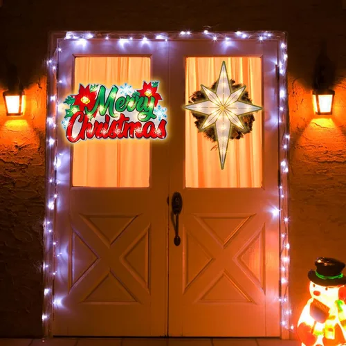 Vista 7 de LAMPHOME Paquete de 2 letreros iluminados de Feliz Navidad y estrella de Belén para ventana, decoración de escultura de ventana para Navidad