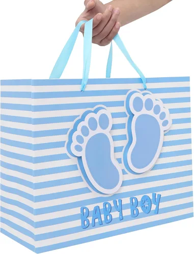 Vista 6 de Juego de bolsa de regalo grande de 13 pulgadas con asas, tarjeta de felicitación, papel de seda azul y calcomanías para niños para baby shower