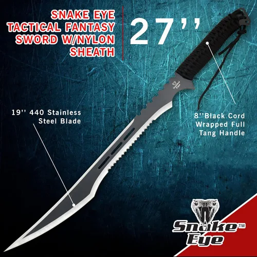 Vista 3 de Snake Eye Tactical - Espada de fantasía con funda de nailón, machete para exteriores y camping Plateado negro