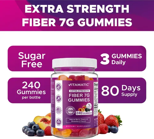 Vista 7 de Vitamatic Gomitas de fibra prebiótica para adultos, 7G de fuerza extra, sin azúcar añadida, 240 gomitas a base de pectina, apoyo para la salud
