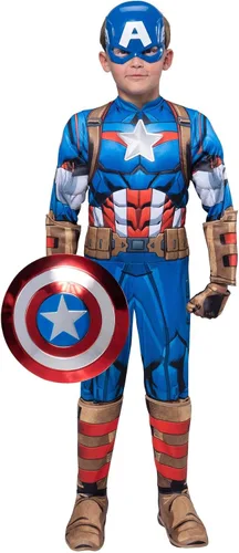Vista 2 de Marvel Captain America Official Youth Deluxe Costume - Padded Jumpsuit with Gloves, Half Mask, and Shield