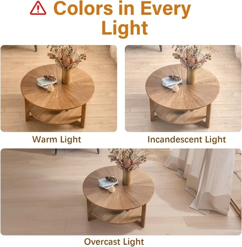 Vista 6 de Mesa de café redonda, mesa de café circular de madera de 35" con estante de almacenamiento, mesa central de 2 niveles para sala de estar