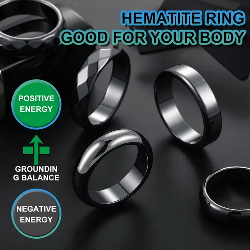 Vista 3 de Juego de 32 anillos de hematita auténtica, anillo de energía negativa, joyería de piedra de hematita no magnética, superficie curvada 6t, 6 planos