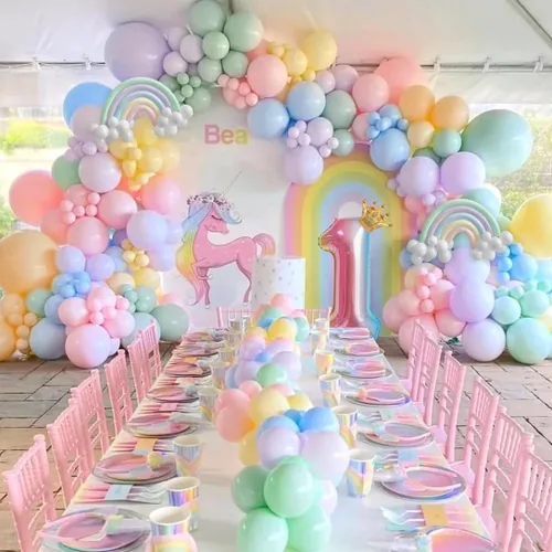 Vista 7 de Decoraciones de primer cumpleaños para niña, 219 margaritas para primer cumpleaños, kit de arco de globos pastel, pancarta de feliz cumpleaños
