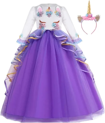 Vista 5 de REXREII Vestido largo de tul de manga larga para niñas con diadema, disfraz de Halloween, princesa, cumpleaños, Navidad, baile