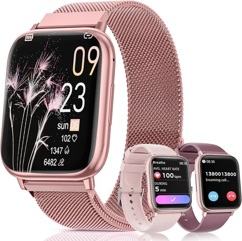 Vista 10 de Reloj inteligente para mujer, reloj de fitness de 1.83 pulgadas con presión arterial, llamadas/mensajes, seguimiento de ciclo femenino, frecuencia