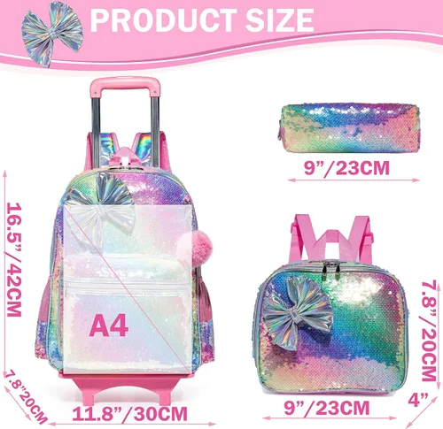 Vista 3 de 16inch Rolling Backpack for Girls Backpacks with Wheels Kids Wheeled School Bag Sequin Suitcase Trolley Trip Luggage for Elementary Kindergarten