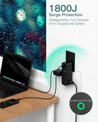 Vista 3 de Addtam Extensor de salida protector de sobretensiones con enchufe giratorio, 6 salidas de CA y 3 puertos USB, regleta de alimentación de pared