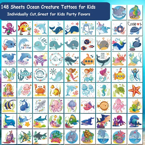 Vista 3 de CHARLENT 148 tatuajes temporales de animales oceánicos para niños, tatuajes individuales de criaturas marinas para niños y niñas, regalos de fiesta