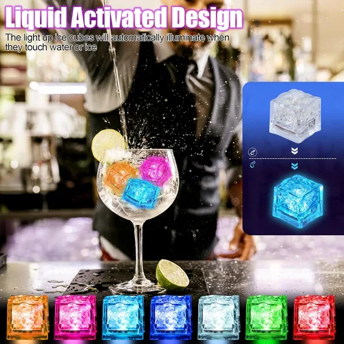 Vista 3 de Paquete de 160 cubos de hielo iluminados para bebidas, cubos de hielo LED con luces que cambian de color, activadas por agua, grado alimenticio