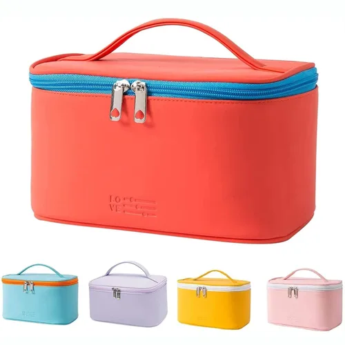 Vista 12 de Bolsa de maquillaje pequeña para mujeres, con cremallera, organizador, impermeable, bonita (azul claro)