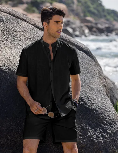 Vista 4 de COOFANDY Conjunto de 2 piezas de lino para hombre camisa y pantalones cortos casuales para playa