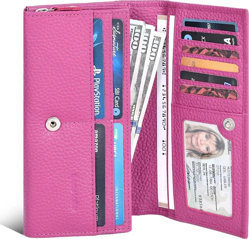 Vista 6 de NeoMonte Billeteras de cuero para mujer - Cartera de bloqueo RFID con 10 ranuras para tarjetas de crédito (fucsia)