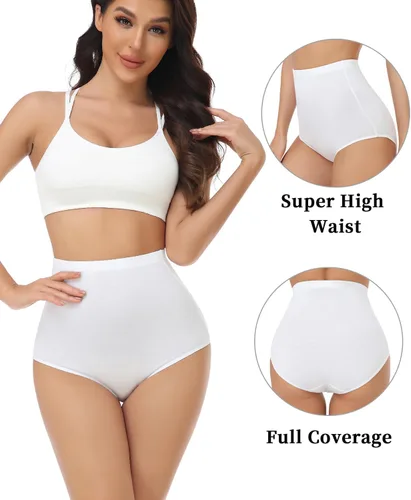 Vista 2 de wirarpa Ropa interior de algodón para mujer, de cintura súper alta, elásticos, cobertura completa, paquete de 4