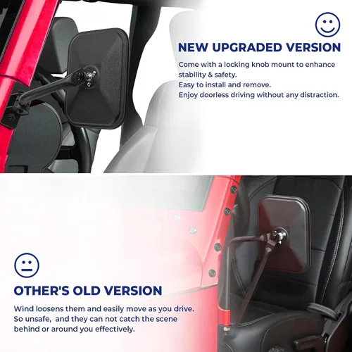 Vista 2 de Espejos mejorados para puertas compatibles con Wrangler TJ JK JKU, espejos retrovisores laterales que no vibran ni tambalean, kit de reubicación