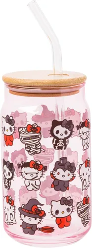 Vista 13 de Silver Buffalo Sanrio - Vaso de vidrio con tapa de bambú y sorbete de vidrio de fotos de Badtz-Maru, 16 onzas