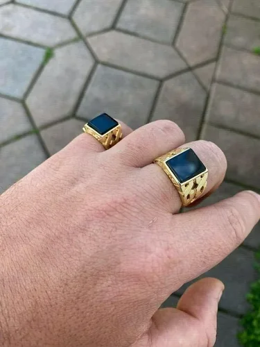 Vista 8 de Anillo de oro de 14 quilates sobre plata de ley 925 maciza real, anillo de ónix negro natural, anillo rectangular de hip hop, precioso anillo
