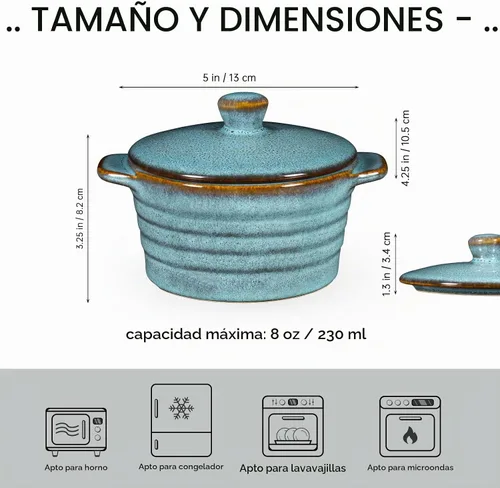 Vista 2 de Creme Brulee Ramekins de 8 onzas con tapas, cuencos aptos para horno para sopa de cebolla francesa, plato para soufflé, mini cazuela cubierta, juego