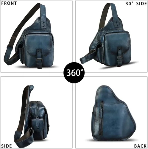 Vista 2 de Bolso bandolera de cuero genuino para hombres y mujeres, bolso cruzado, mochila vintage para senderismo, deportes, viajes, Azul, Mochilas Sling