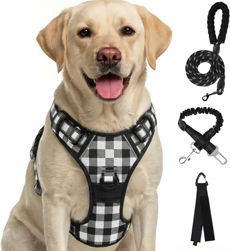 Vista 17 de FURRYFECTION Arnés a cuadros para perros pequeños, chaleco reflectante ajustable sin tirones para mascotas con clip frontal, correa, asa de fácil