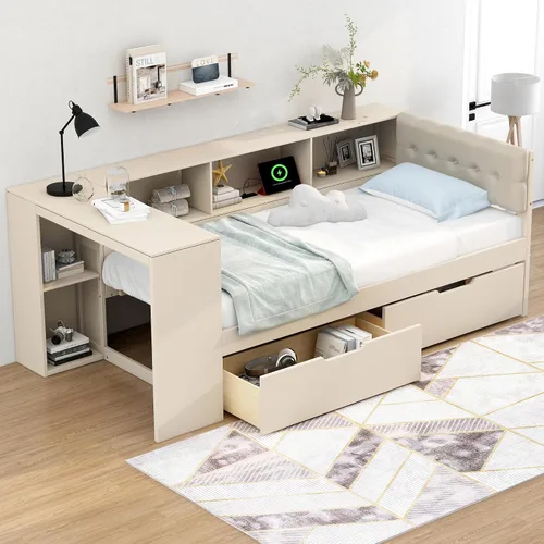 Vista 41 de VilroCaz Cama de sofá de tamaño individual de madera con estantes de almacenamiento y escritorio de estudio, estructura de cama de día Blanco