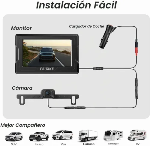 Vista 2 de FEISIKE Cámara de respaldo, visión nocturna IR 1080P con monitor, cámara de visión trasera plug-play fácil de instalar, gran angular de 150 grados