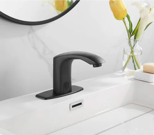 Vista 5 de Grifo de baño automático negro activado por movimiento, sin contacto, bañera, lavabo, lavabo, aireador, un agujero, mezclador de latón, desagüe