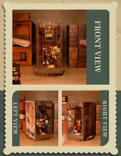 Vista 5 de Kit de rincón de libros en miniatura para bricolaje, biblioteca de sueños académicos con luz LED, rompecabezas de diorama de sujetalibros de madera