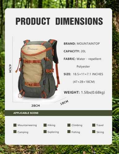 Vista 4 de MOUNTAINTOP Mochila de senderismo de 20L, mochila ligera para exteriores 20l-caqui verde