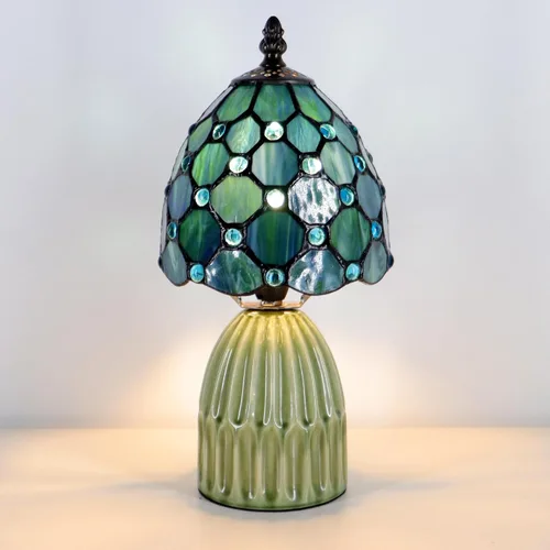 Vista 5 de Tiffany Stained Glass Mushroom Table Lamp 12.5 Inch -Sea Blue Pearl