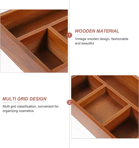 Vista 3 de SOIMISS Bandeja organizadora de maquillaje de madera, compartimento rectangular vintage, caja de almacenamiento de cosméticos con 4 rejillas