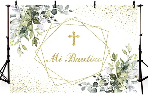 Vista 2 de MEHOFOND Mi Bautizo - Telón de fondo para fiesta de bautismo mexicano, suministros para primera comunión recién nacido, baby shower, fondo dorado