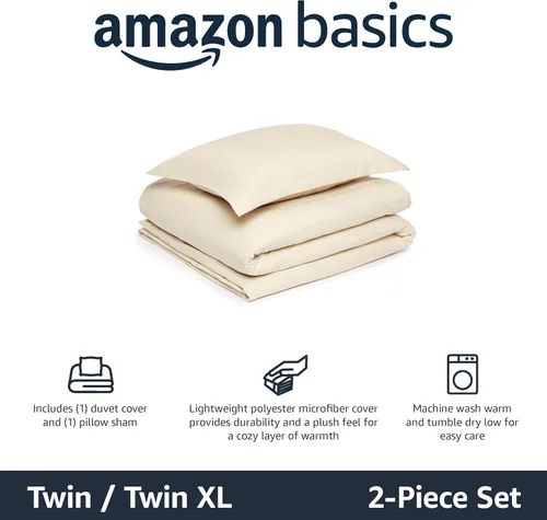 Vista 2 de Amazon Basics - Juego de funda de edredón de microfibra ligera de 2 piezas, beige, liso, tamaño individual / individual XL