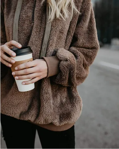 Vista 5 de ReachMe - Sudadera de gran tamaño con capucha sherpa para mujer, de vellón, sin botones, con bolsillos, cuadros escoceses, abrigo mullido