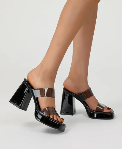 Vista 2 de Sandalias de plataforma de tacón grueso transparentes de dos correas para mujer, sin cordones, con punta cuadrada