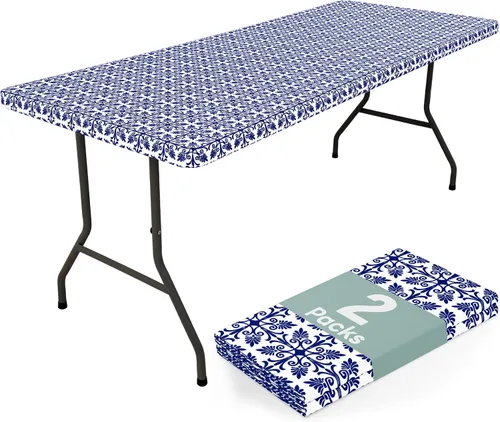 Vista 34 de Misaya - Mantel de vinilo rectangular, mantel elástico con respaldo de franela, 100% impermeable, cubierta de plástico para mesas plegables de 4