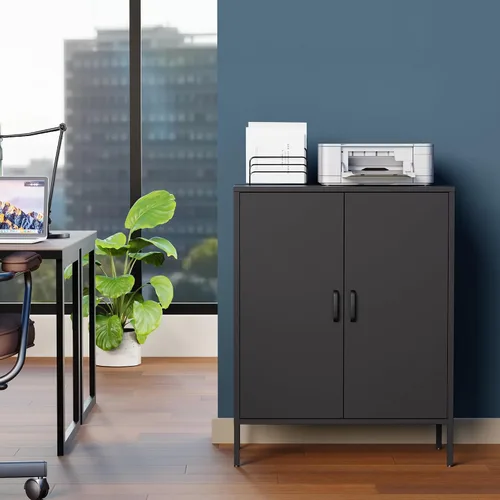 Vista 31 de Gabinete de almacenamiento de metal ancho negro, gabinete de acento de 2 puertas para el hogar y la oficina, gabinete de metal bajo de 2 niveles