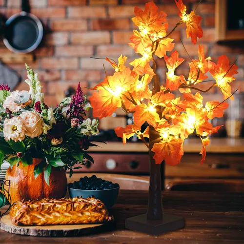 Vista 6 de Árbol de arce iluminado de otoño, 48 luces LED, funciona con USB / pilas, árbol de 24 pulgadas, centro de mesa de Acción de Gracias, decoración