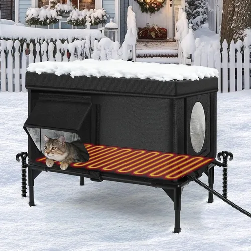 Vista 9 de Casa de gatos al aire libre climatizada resistente a la intemperie con almohadilla térmica, casa climatizada para gatos al aire libre, casas