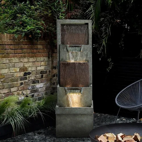Vista 2 de Fuente de agua de jardín al aire libre de 39.3 pulgadas, fuentes de cascada para exteriores/interiores con luces LED para patio, patio y hogar Art