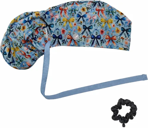 Vista 26 de Gorra médica con interior sedoso, gorro de algodón con banda para el sudor y botones, cola de caballo ajustable