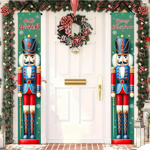 Vista 6 de BlissYard Estandartes de Porche Navideños de Cascanueces 12×71 Pulgadas Hola Invierno Feliz Navidad Decoraciones de Puerta Estandarte de Soldado