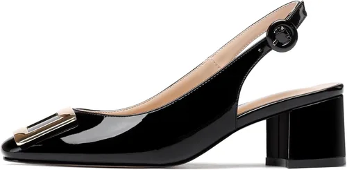 Vista 2 de WAYDERNS Zapatos de tacón bajo grueso con hebilla rectangular de metal dorado para mujer, correa de tobillo y punta cuadrada, 2 pulgadas