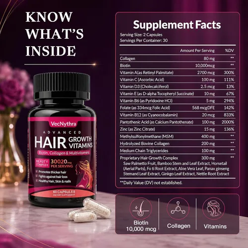 Vista 5 de Advanced Hair Growth Vitamins Supplement for Women, Biotin 10000 mcg