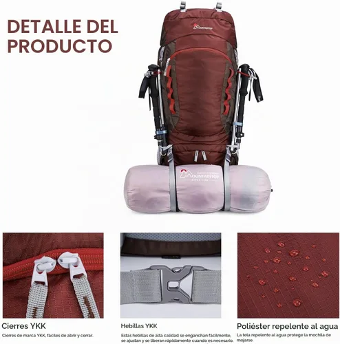 Vista 7 de MOUNTAINTOP Mochila de marco interno de 80L para hombre y mujer Mochila de senderismo con cubierta de lluvia Granate-80l