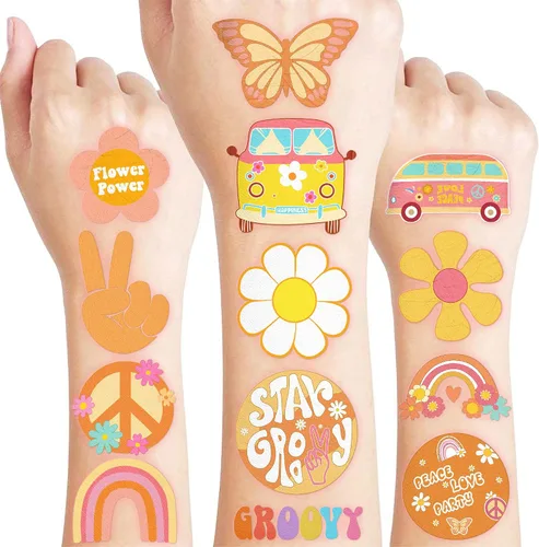 Vista 10 de 96 tatuajes temporales precortados de One Two Groovy de los años 60 y 70 para niños, suministros de fiesta temática de cumpleaños, decoración