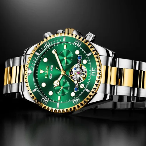 Vista 7 de OLEVS Reloj automático para hombres, reloj mecánico de cuerda automática, calendario para hombres, reloj de pulsera de acero inoxidable con esfera